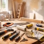 Felújítási eszközök és anyagok egy munkaasztalon felhalmozva