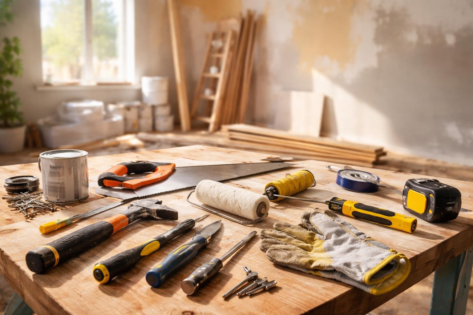 Felújítási eszközök és anyagok egy munkaasztalon felhalmozva