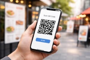 QR kód olvasó egy okostelefon képernyőjén, digitális és fizikai kapcsolódás